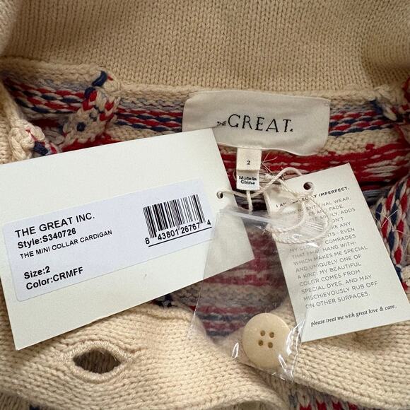 THE GREAT Mini Collar Cardigan Cream Floral Fairisle 2 - Picture 2 of 11